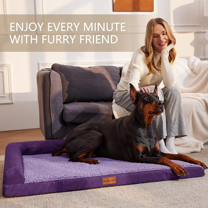 Patas Lague Orthopedic Jumbo Dog Bed for Extra Large Dogs 56''X40'', Waterproof L Bolster Jumbo Pet Sofa Beds with Removable Washable Cover, Soft Pet Couch Crate Mat with Nonskid Bottom, Purple