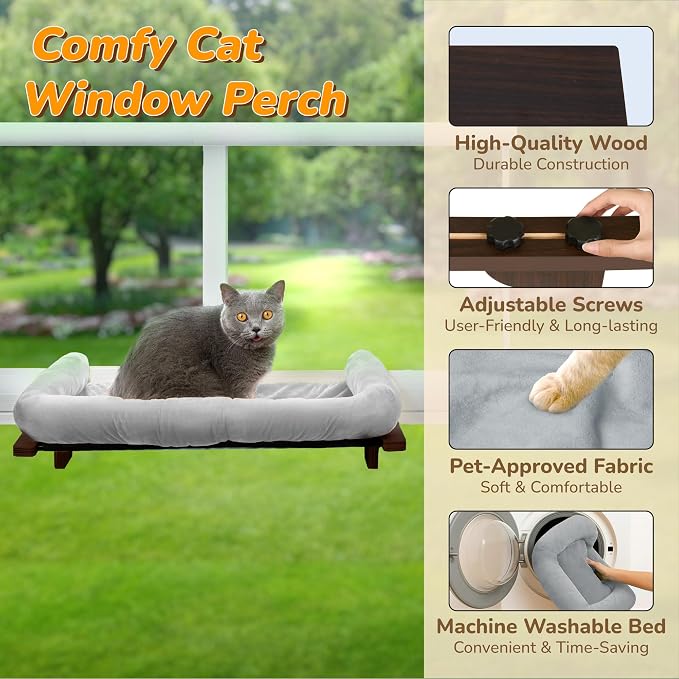 2 Pack Cat Window Perch with Cushion Bolster and Cool Pad, Cat Hammocks for Windows with Wood & Robust Metal Frame for Large Cats (Natural & Walnut Wood with Brown & Gray Cushion, 24" W)