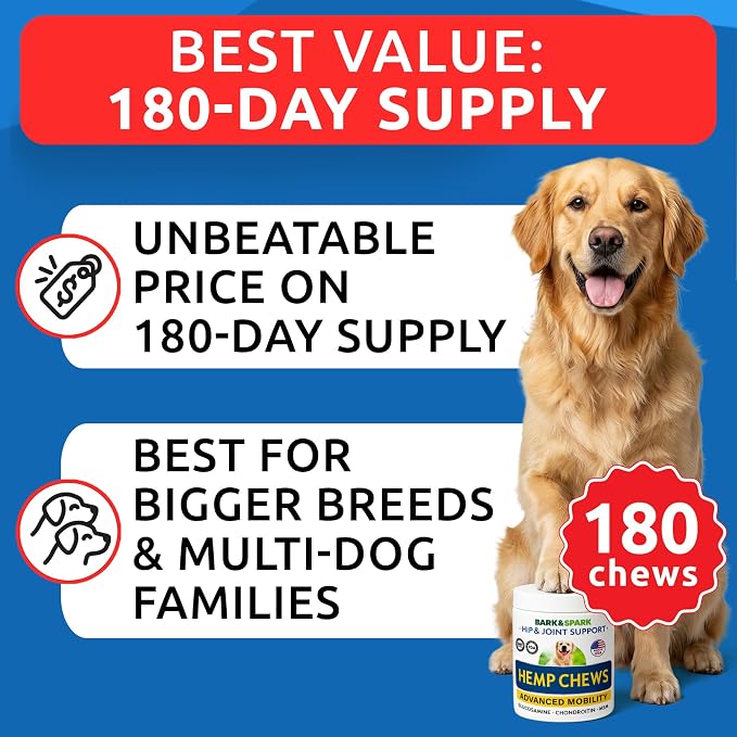 Hemp Hip & Joint Supplement for Dogs - Glucosamine for Dogs - Dog Joint Pain Relief Treats - Chondroitin, MSM - Mobility & Flexibility Support - Advanced Joint Care & Health - Made in USA (180Ct)