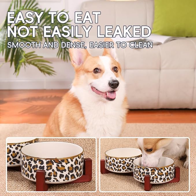 Dog Bowl Set with Wood Stand, Non-Slip Anti-Tip Elevated Design, Double Ceramic Animal Food Water Cat Bowls, Suitable for Large/Medium Sized Dog Pet Feeder Dish Station - 32 OZ,White Leopard Print