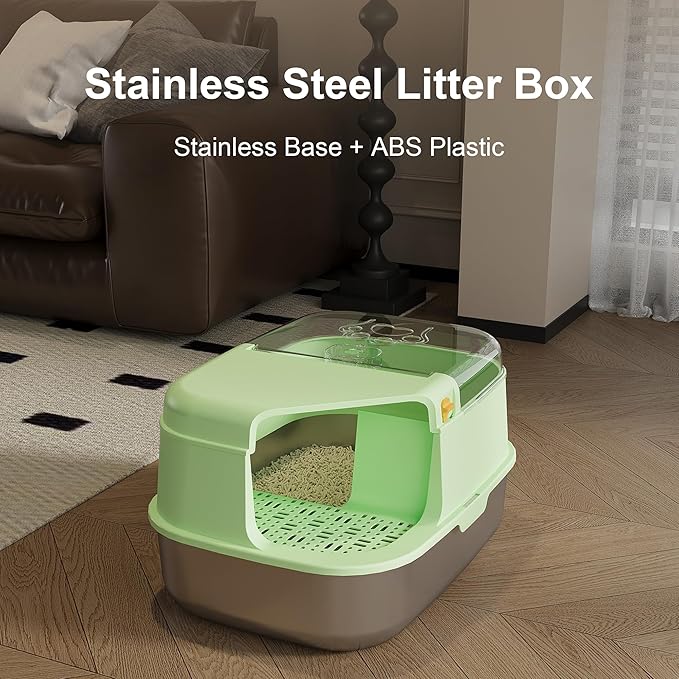 3-in-1 Convertible Cat Litter Box, ABS + Stainless Steel Pan, Enclosed Low Entry High Sided Box with Litter Trapping Grid, 23.1x16.93x14.1 Inch, for Senior Kittens & Large Cats（Grey）