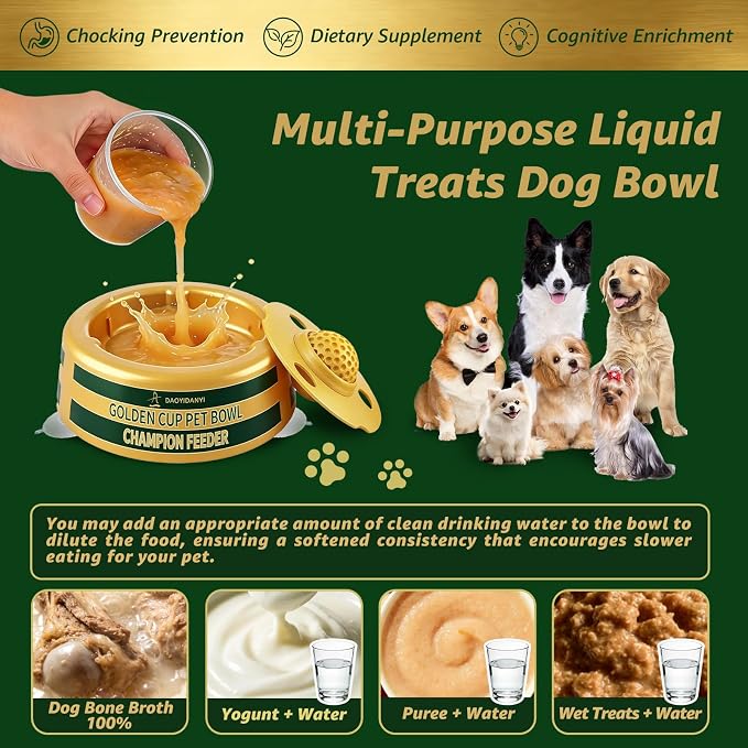 Golden Cup Slow Feeder Dog Bowls for Liquid Treat, Textured Spherical lid Integrated Anti-Slip Base, Yogurt Bone Broth Lick mat Dog Toy Prevent Accidental Ingestion Assist Digestion, slowing Feeding