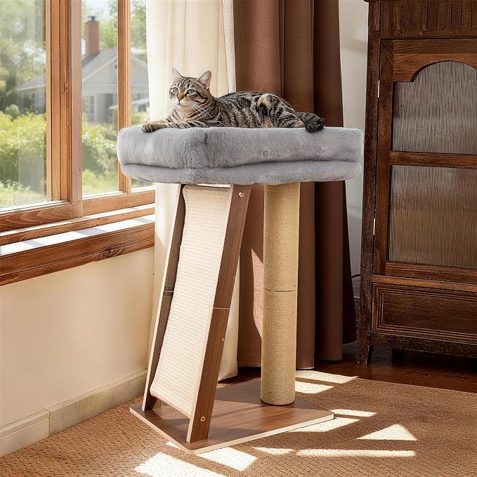 27.5" Cat Scratching Post, 3-in-1 Multifunctional Walnut Finish Pine Wood Cat Furniture, Tall Scratch Posts with Perch&Scratcher, Boxed with Hanging Bell Toy, Medium