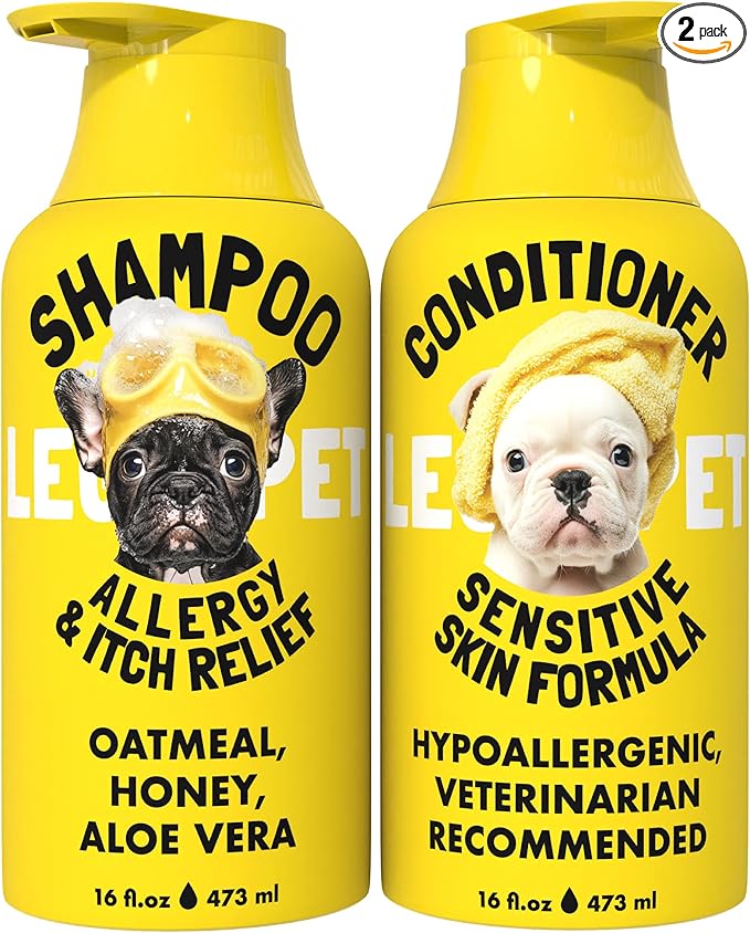 LEGITPET Oatmeal Dog Shampoo & Conditioner Itch & Allergy Relief with Honey & Aloe Hypoallergenic Gentle Calming Formula for Sensitive Skin & Dandruff Safe for Puppies Best for All Breeds 2 x 16oz