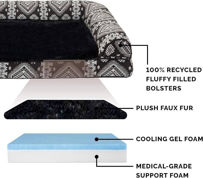 FurHaven Supportive Cooling Memory Foam Sofa Dog Bed with Washable & Removable Cover - Plush/Woven - Black Medallion, Dogs Dogs Up to 125 lbs - Jumbo Plus XXL