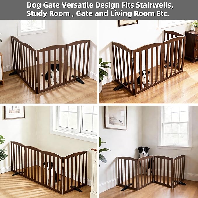 ZJSF Foldable Freestanding Indoor Dog Gate for House Wood Long Pet Gates Dog Fence for Stairs Puppy Gates for Hallways, Puppy Gate,Support Feet Included, Brown, 24 "Height-4 Panels