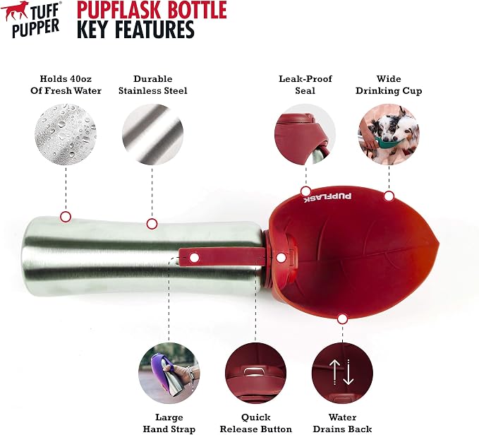 Tuff Pupper Retractable Dog Leash and 40oz Pupflask Portable Water Bottle - Red