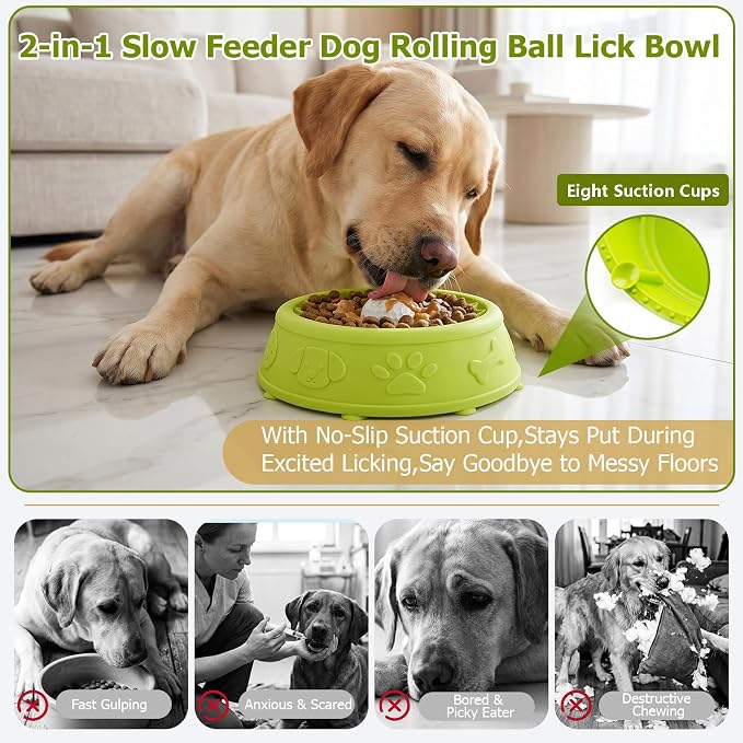 Dog Slow Feeder Lick Bowl with Rolling Ball for Liquid Treats, 2-in-1 Anti-Slip Silicone Dog Licking Bowl for Bone Broth with Suction Cup, Enrichment Lick Sphere Toy for Large Medium Dogs Cats (Green)