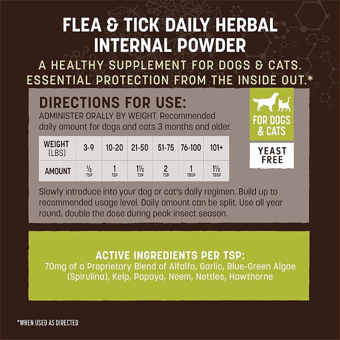Earth Animal Apothecary Natural Flea & Tick - Daily Internal Herbal Powder Supplement for Dogs & Cats - 8 oz