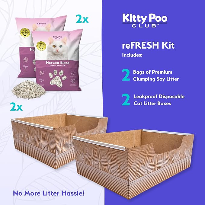 Kitty Poo Club Leak-Proof Disposable Cat Litter Box 2-Pack with 2 Bags Harvest Blend Soy Litter, Biodegradable Soft Clumping, Gentle on Paws, Perfect for Travel, and Multi-Cat Homes