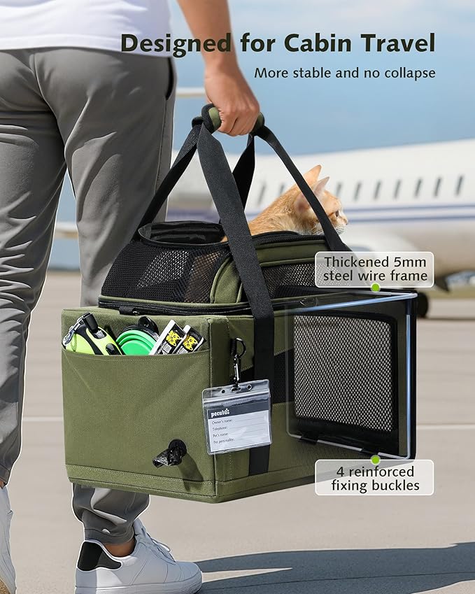 Pecute Expandable Pet Carrier Airline Approved Dog Cat Carrier, Breathable Soft-Sided with Locking Zippers, Pet Travel Bag for Small Dog Cat Anti-Scratch Mesh Leakproof Pee Pad