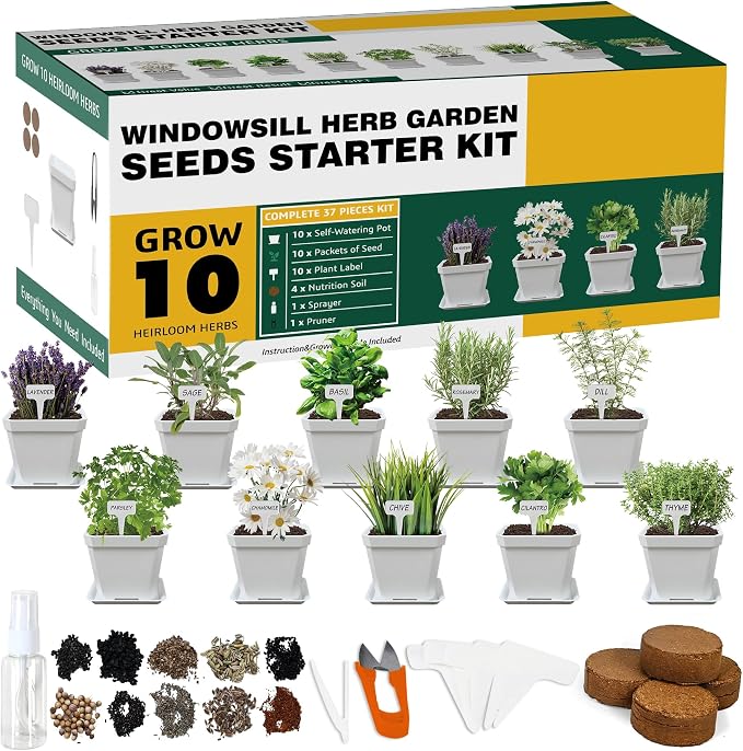 Meekear 10 Herb Seeds Garden Starter Grow Kit with White Pots, Markers, Nutritional Soil, Watering, Herb Clipper, Complete Indoor Potted Plant Growing Set for Kitchen DIY
