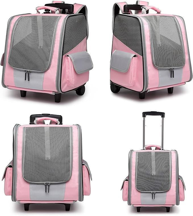 Rolling Pet Travel Carrier Backpack with Wheels 4 in 1 Pet Carrier Soft-Side Dog Carriers Luggage Bag,Mesh Ventilation Windows, Storage Pockets for Walking, Hiking