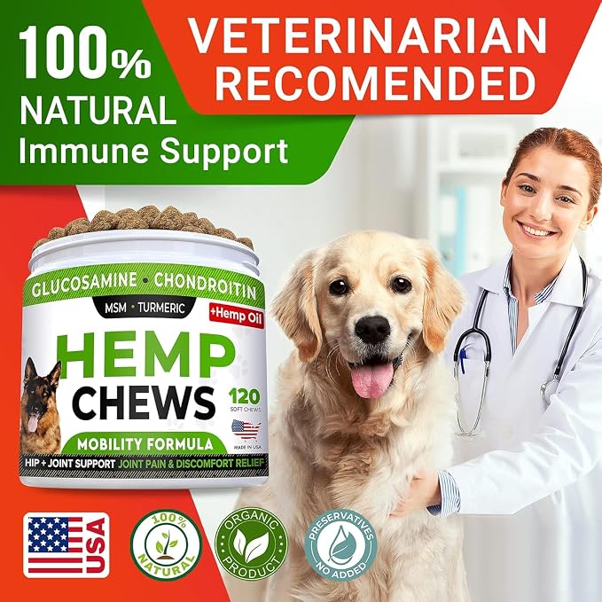 Glucosamine for Dogs w/Chondroitin - Hip & Joint Supplement for Dogs w/Omega-3 Fish Oil - Chondroitin MSM - Advanced Mobility Chews - Joint Pain Relief - Hip & Joint Care - Made in USA (120Ct)