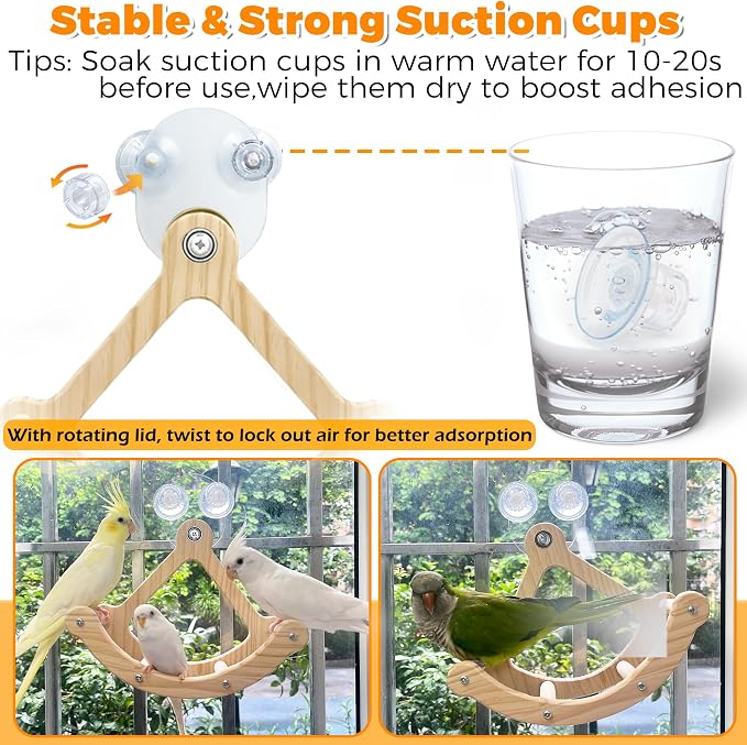 2PCS Natural Wood Bird Spinner Toys & Rocking Perch Set - Chewing Hanging Toys with Bells & Window-Mounted Perch for Cockatiel, Conure, Lovebird, Budgie, Quaker