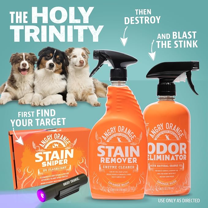ANGRY ORANGE Pet Odor Eliminator Kit for Dog/Cat Urine, 24oz Citrus Odor Eliminator Spray and Stain Sniper Flashlight - NEW Orange Rush Scent