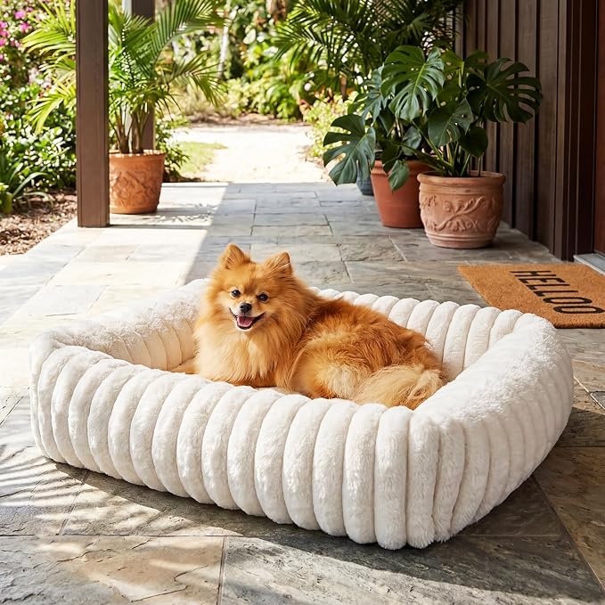 Square Cat Bed Orthopedic Pet Bed with Pillow Super Soft Rabbit Fur Small Dog Beds, Calming Plush Kitten Bed with Removable Washable Cover & Anti-Slip Bottom cat beds for Indoor Cats self Warming
