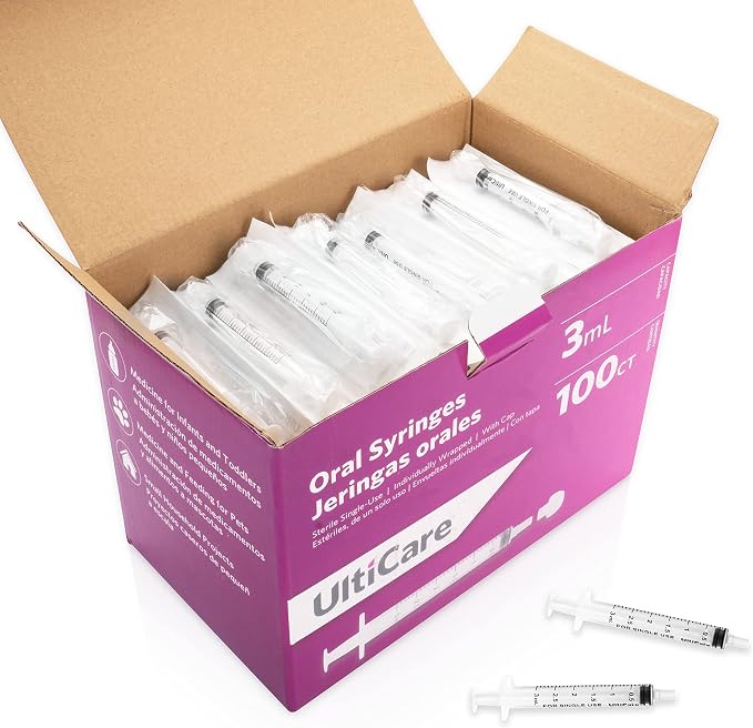 UltiCare 3mL Oral Tip Syringe – Uses Include Oral Administration of Medicine for Infants, Toddlers and Small Pets, and Small HH Projects. with Cap, Sterile Individually Wrapped, 100 Count