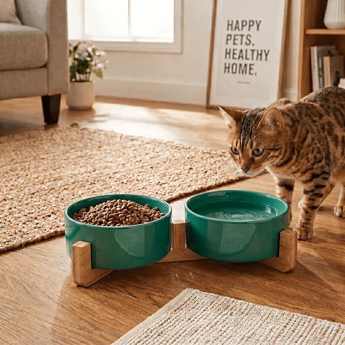 SPUNKYJUNKY Ceramic Dog and Cat Bowl Set with Wooden Stand, Modern Cute Weighted Food Water Set for Small Size Dogs (13.5OZ) & Medium Sized Dogs (28.7OZ) & Cats (1.7 Cups, 2 × Light Green)