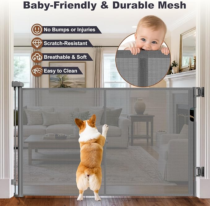 GRENFU Reinforced Retractable Baby Gates for Doorways, Retractable Gate with Support Rods to Prevent Crawling Through, Extends to 59" Wide 33" Tall, 5 FT Retractable Dog Gate for Indoor/Outdoor, Gray