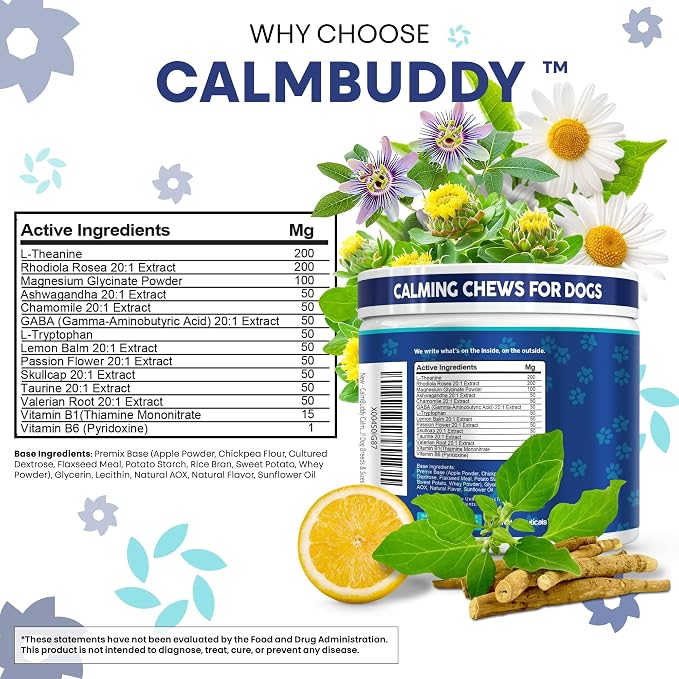 CalmBuddy Anxiety and Stress Relief Supplements GABA L-Theanine Magnesium Ashwagandha Rhodiola Rosea Chamomile L-Tryptophan Skullcap Taurine Valerian Root 60 Beef Flavor Chew By Clean Nutra Pets