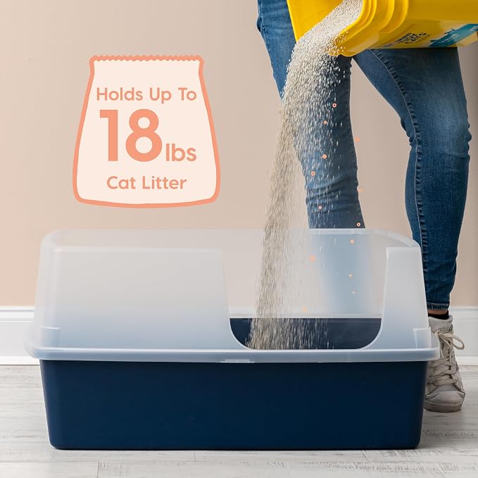 IRIS USA Extra Large Litter Box, Open Top Extra-Large Litter Box for Big Cats and Multi-Cat Households, High Sided Scatter Shield, Easy to Clean, 30" L x 20" W x 14" H, Navy