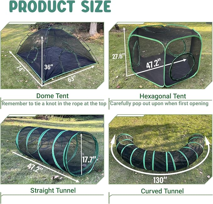 Pawtenda Cat Tents for Outside, Green Outdoor Cat Enclosures, Foldable Pet Playpen with Tunnels for Outside, Portable 4-in-1 Catio Including 2 Tents and 2 Tunnels