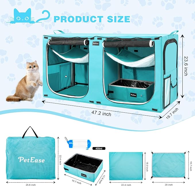 Huge Sapce Double Compartment Cat Travel Carrier with Litter Box & Homack | Cat Show Kennel Cage Crate with Mat & Water Bottle