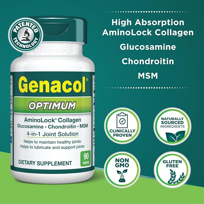 Genacol Optimum – Glucosamine, Chondroitin, MSM and Ultra-Hydrolyzed Collagen Joint Supplement, Maintains Healthy Joints, Protects & Lubricate Cartilage, 90 Tablets (30-Day Supply)
