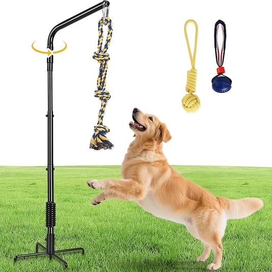HVDI Tether Dog Toy Rack with 3 Tug Rope Toys, Dog Rope Play Spring Rack and Interactive in Yard, Park, Lawn, Adjustable Height Suitable for Large, Medium, Small Dogs (30 Inches)