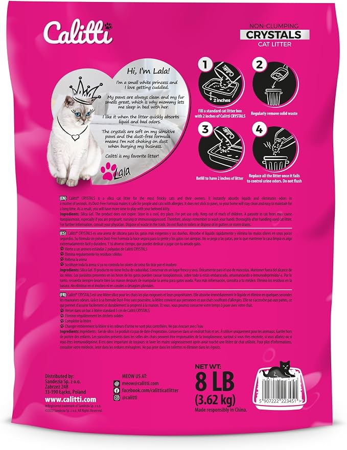 Calitti Premium Crystal Cat Litter – 99.9% Dust Free, Maximum Odor Control, Soft on Paws, Low Tracking, Lightweight Silica Gel, Non-Clumping, Multi-Cat, Unscented – 8 lb Bag (Pack of 2)
