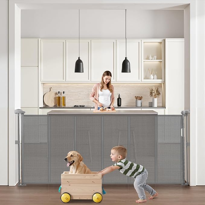 VEVOR Retractable Baby Gate, 34 inch Tall, Extends up to 71 inch Wide, Retractable Gate for Kids or Pets, Mesh Material, Easy to Install for Indoor Stairs, Doorways, Hallways, Playrooms, Gray