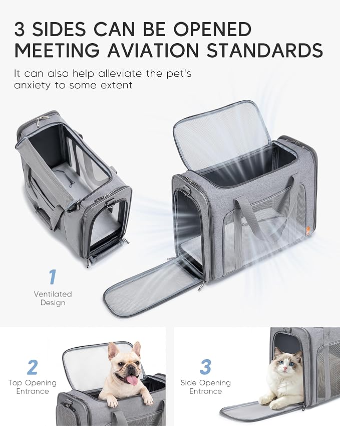 Soft-Sided Pet Carrier Bag Large 21.6inch Dog Carrier Cat Carriers for Medium Cats Dogs Puppies (Up to 26lbs) Collapsible Travel Puppy Carrier with Foldable Bowls Grey