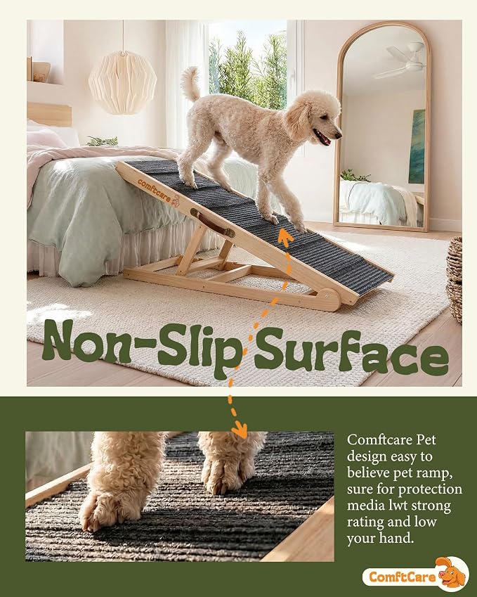 Dog Ramp for Bed, Easy Access Pet Ramp for Large Dogs, Sturdy Wood Design with Non-Slip Surface, Adjustable & Foldable for Bed & Couch, Supports up to 200 lbs