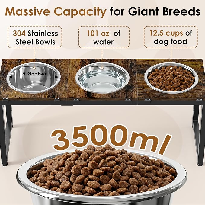 Elevated Dog Bowls Stand for Large Dogs - Triple Bowl Feeding Station, Adjustable Height 15-20.5in, Tilt Stainless Steel Bowls & Wood Tray, Large Dog Feeder 3500ML x3
