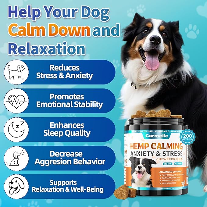 Carmelie Hemp Calming Chews for Dogs, Advanced Dog Calming Treats for Dogs Anxiety and Stress Relief with Valerian Root Chamomile Melatonin- Separation, Barking, Stress & Sleep- 200 ct Chicken Flavor