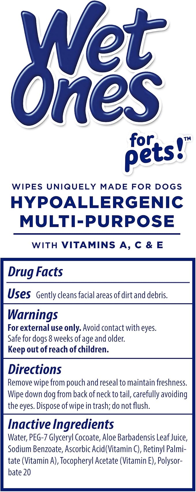 Wet Ones for Pets Hypoallergenic Multipurpose Dog Wipes with Vitamins A, C and E - Fragrance-Free Dog Grooming Wipes with Vitamins, Wet Lock Seal, 100 Count