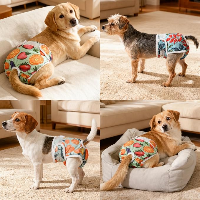BELLA & PAL Washable Dog Diapers Female, 3 Pack Highly Absorbent Dog Diaper, Leak-Proof Diaper for Dog Female in Heat, Period, Incontinence, Excitement Pee (Natural Joy, L (19-25" Waist))