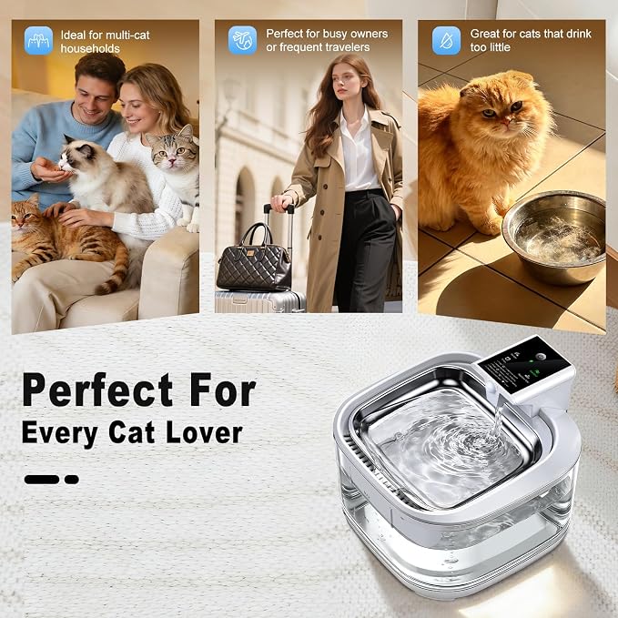 Cat Water Fountain LOXIBAO, 4.5L Large-Capacity Automatic Stainless Steel Pet Fountain with Drinking Spout, High-Capacity Rechargeable Cat Water Fountain - Ultra Quiet Pump for Cats & Dogs,2 Filters