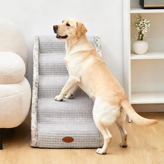 Woochpet Side Armrest Dog Stairs for High Beds Up to 26-30",5 Tier Wider Curved with Weighted Base Plate, Washable Cover Gentle Slope Steps, Bed & Couch Ladder for Small Medium Dogs & Senior Cat