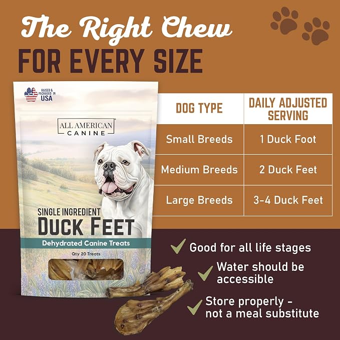 All American Canine 100 Natural Duck Feet Dog Treats– Single Ingredient, Dehydrated & Digestible – Crunchy, Low-Fat, High-Protein Chew for Joint Support & Dental Health – Made in USA