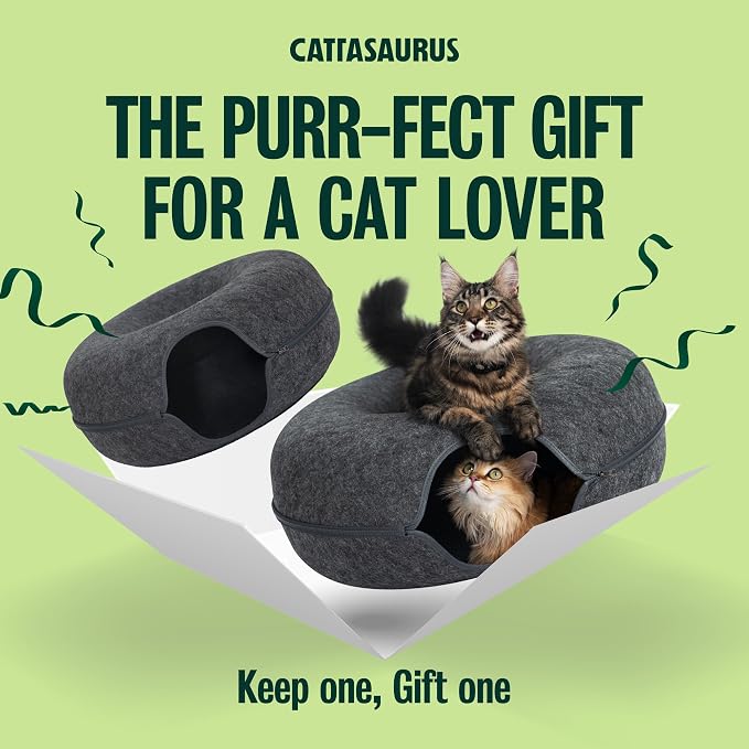 Cattasaurus Peekaboo Cat Cave Duo Jumbo Set, Extra Spacious Cat Donut for Multiple & Large Kitty 15+ lbs, Scratch Detachable Cat Beds for Indoor Cats, Washable Cat Tunnel Bed, Best Kitten Toys
