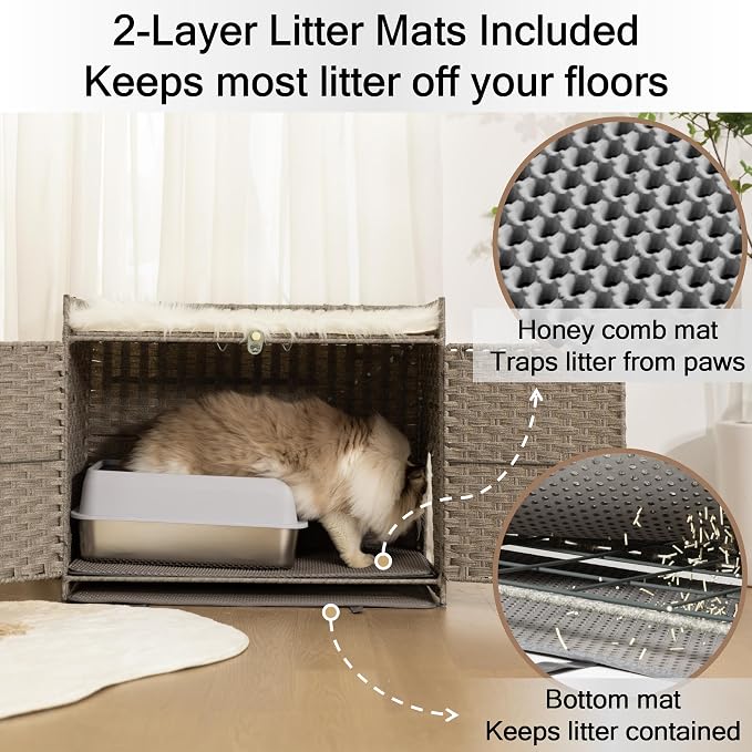 Furriends Cat Litter Box Enclosure with 2 Litter Mats, Hidden Litter Box Cabinet for Dust and Order Control, Litter Box Hider, Handwoven Rattan Cat House with Three-sided Fenced Top (Grey)