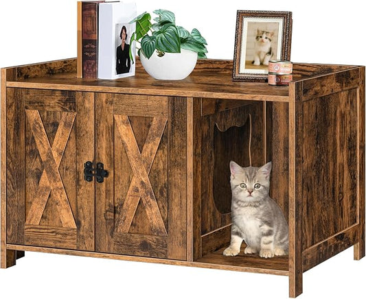 MAHANCRIS Cat Litter Box Enclosure, Hidden Litter Box Furniture with Divider, Indoor Cats House, Wooden Cat Washroom Storage Cabinet Bench, Side End Table Nightstand, Rustic Brown CWHR2501Z