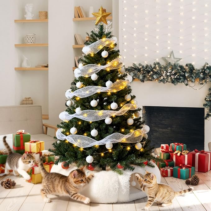 Thyle Christmas Cat Tunnel Bed Under Christmas Tree for Indoor Cats Xmas Pet Donut Tunnel with Cushion Foldable Round Pet Toy for Small Animals Kitten(3ft X 3ft X 9.8in,White,Plush)