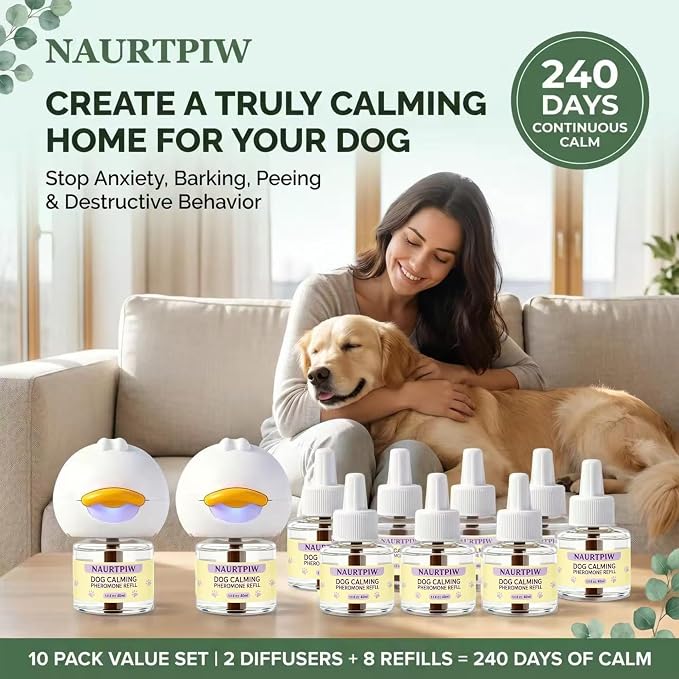 Dog Calming Diffuser 10 Pack (2 Plug-in Diffusers + 8 Refills), 240 Days Supply, Dog Pheromone Diffuser for Anxiety Relief, Reduce Barking, Chewing, Aggression, Indoor Urination & Separation Anxiety
