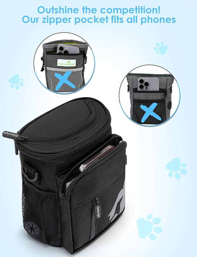 Gobeigo 8 Cup Dog Treat Pouch and Training Clicker, Dog Walking Bag with Phone Holder, Built-in Poop Bag Dispenser, 3 Ways Wearable Pet Fanny Pack for Outdoor Travel (Full Black)