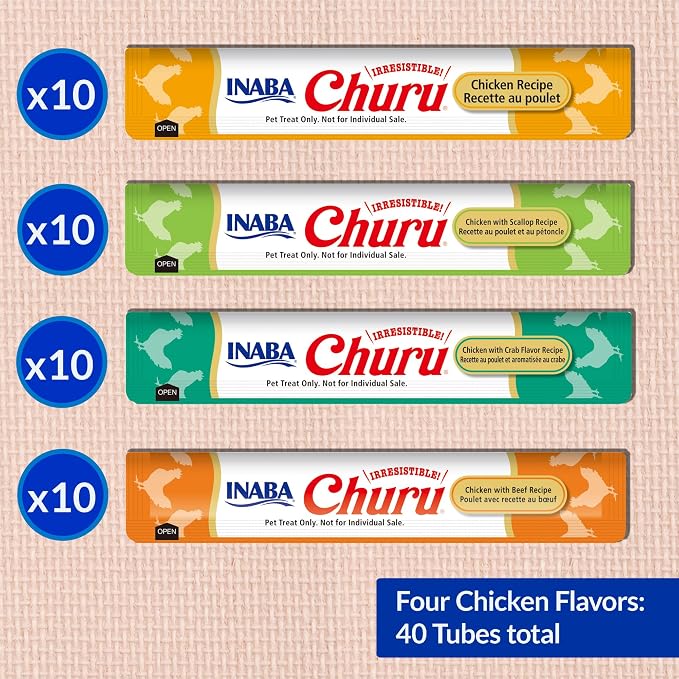 INABA Churu Cat Treats, Lickable, Squeezable Creamy Purée Cat Treat with Green Tea Extract & Taurine, 0.5 Ounces Each Tube, 40 Tubes, Chicken Variety Box