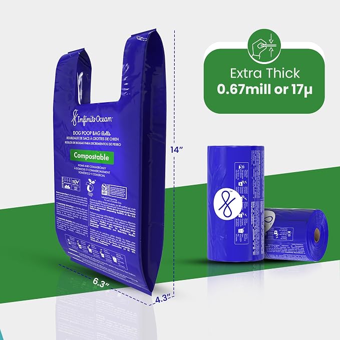 Certified Home Compostable Dog Poop Bag Rolls, 300 Tie-Handle & Gusseted, Leak-Proof, Odor-Proof Bags, Thick Blue Refill Rolls, Unscented