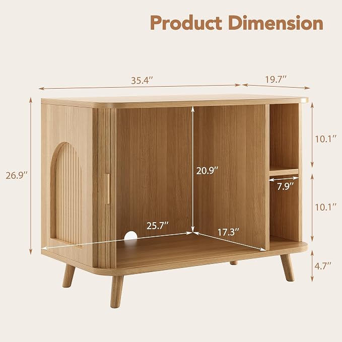 35.4" Cat Litter Box Enclosure with Sliding Door – Wooden Hidden Litter Box Furniture with 2-Layer Shelves, Side End Table for Living Room, Oak
